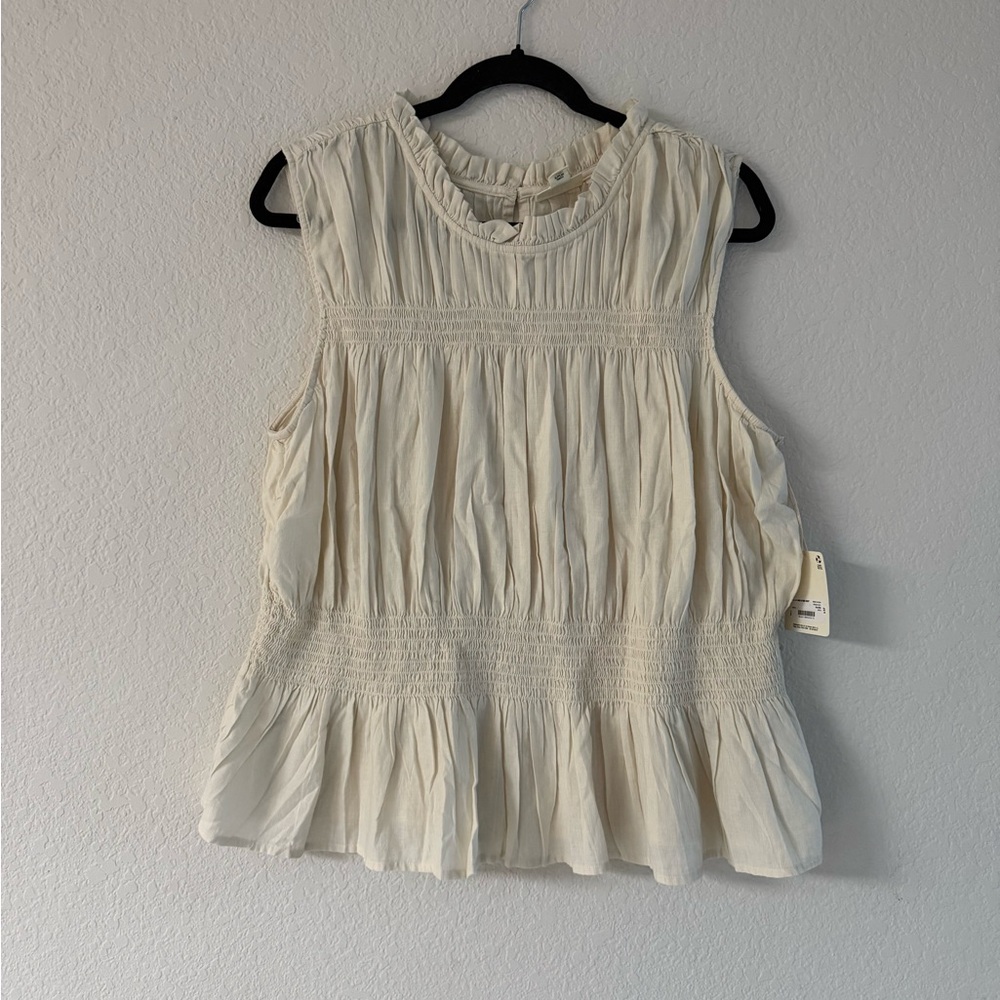 a.n.a Cream Smocked Ruffled Sleeveless Top